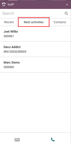 VoIP-widget met de volgende activiteiten gemarkeerd, met onderstaande taken.