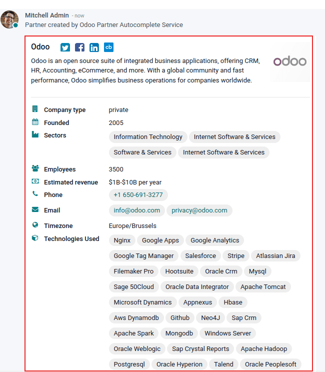 Weergave van de informatie die wordt getoond over odoo met de autocomplete optie in Odoo