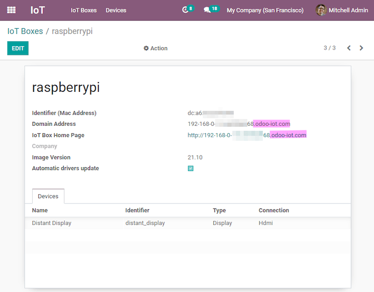 Odoo IoT app IoT box met .odoo-iot.com domein.