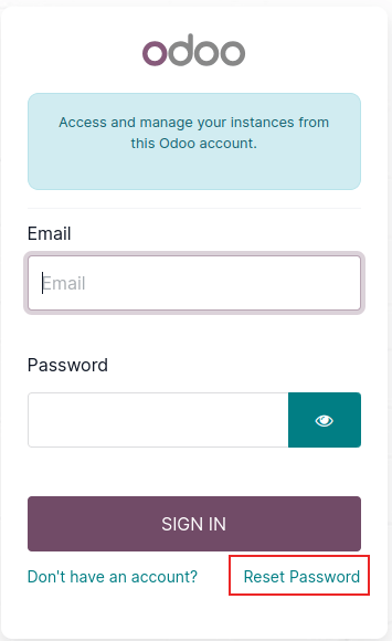 Inlogscherm op Odoo.com met de optie om het wachtwoord te resetten gemarkeerd.