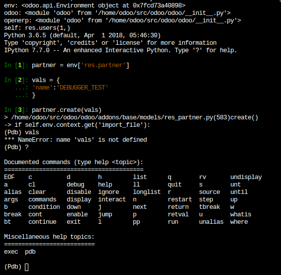Schermafbeelding van de console waarop ``pdb`` wordt weergegeven in een Odoo.sh-shell.
