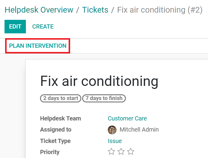 Plan een interventie vanuit de helpdesktickets in Odoo Helpdesk