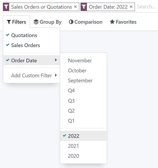 Gebruik vooraf geconfigureerde filters op het Verkoopanalyserapport