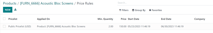 Hoe de extra prijsregels per productpagina verschijnen in Odoo Sales.
