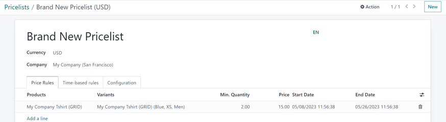 Hoe het prijslijst detailformulier eruit ziet in Odoo Sales.