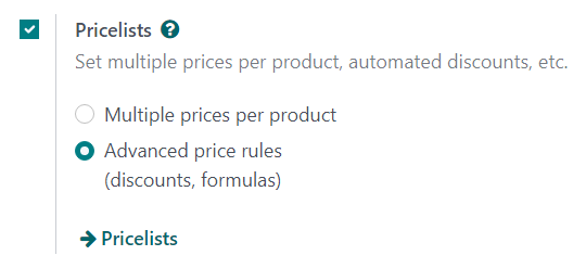 Hoe de instelling van de prijslijst er uit ziet in Odoo Sales.