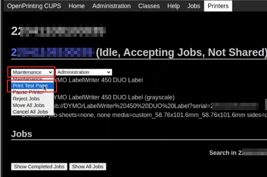 Een testpagina afdrukken vanuit het vervolgkeuzemenu Administratie in de OpenPrinting CUPs server.