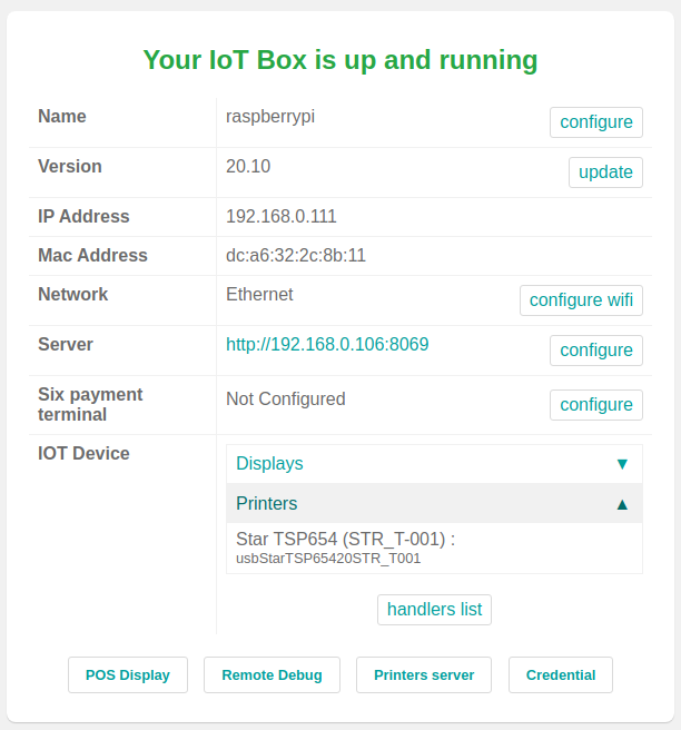 De startpagina van de IoT box.