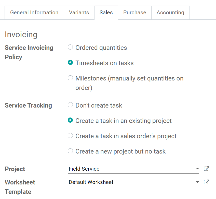 Productconfiguratie om taken te maken vanuit verkooporders in Odoo Buitendienst
