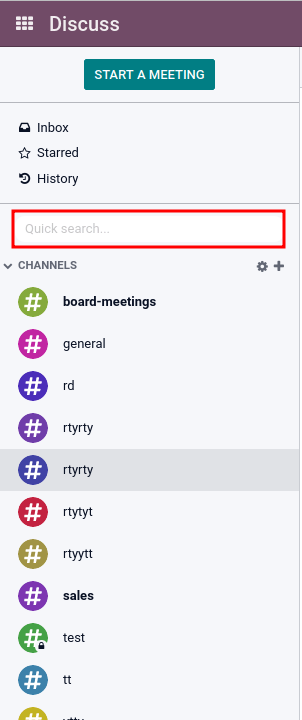 Zicht op de zijbalk van Discuss met de nadruk op de snelle zoekbalk in Odoo Discuss.