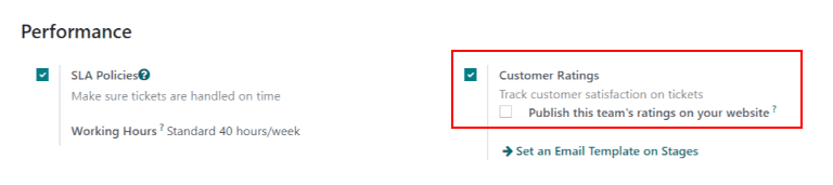 Overzicht van de instellingenpagina van een helpdeskteam met de nadruk op de functie Beoordeling op ticket  in Odoo Helpdesk.