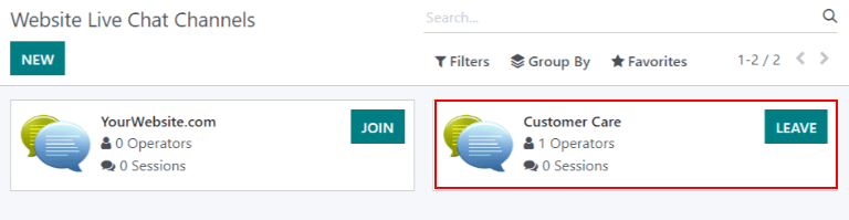 Weergave van de kanbankaarten voor de beschikbare Livechat kanalen.