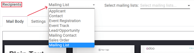 Weergave van het vervolgkeuzemenu Ontvangers in Odoo's E-mailmarketing applicatie.