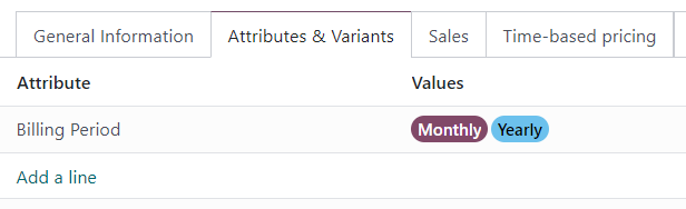 Herhalingsperioden geconfigureerd als productvarianten op het tabblad "Attributen & Varianten" van het productformulier.