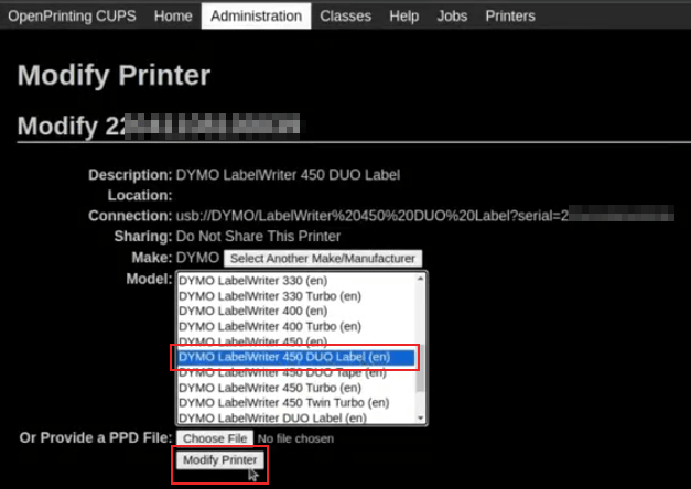 De pagina met het printermodel instellen met DYMO LabelWriter 450 DUO Label (en) gemarkeerd.