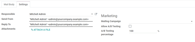 Weergave van het tabblad Instellingen in Odoo's E-mailmarketing wanneer de instellingen geactiveerd zijn.