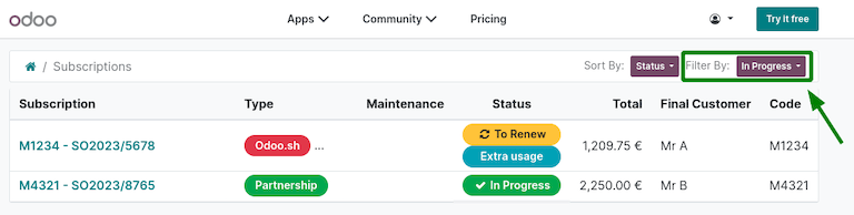 Odoo.com portaalabonnementen gefilterd op "in uitvoering".