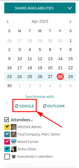 Klik op de Google sync knop in Odoo Agenda om Google Agenda te synchroniseren met Odoo.