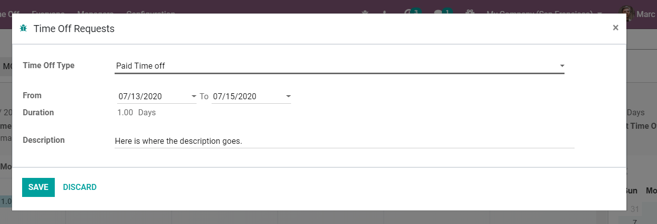 Weergave van het verlofaanvraagformulier in Odoo Verlof