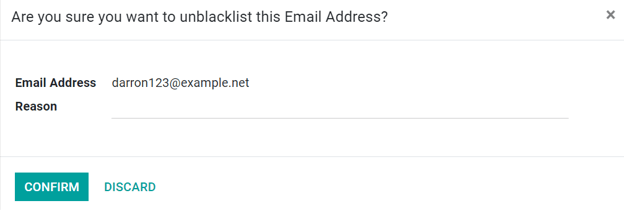 Weergave van het pop-upvenster voor het verwijderen uit de blacklist in Odoo's E-mailmarketing applicatie.