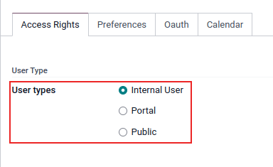 Weergave van een gebruikersformulier in ontwikkelaarsmodus met de nadruk op het veld Gebruikerstype in Odoo.