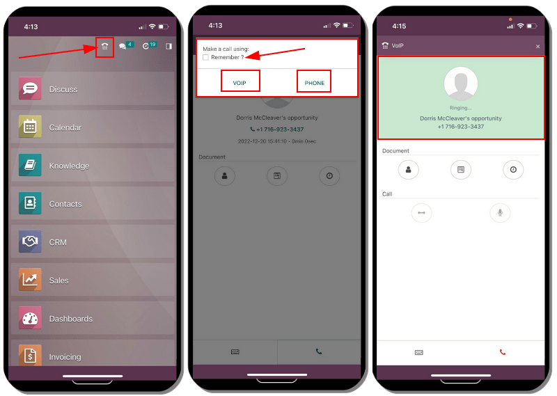 Indeling van hoe de VoIP-app eruit ziet op een mobiel apparaat.