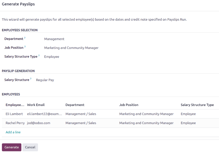 Payslips being generated for marketing and community managers.