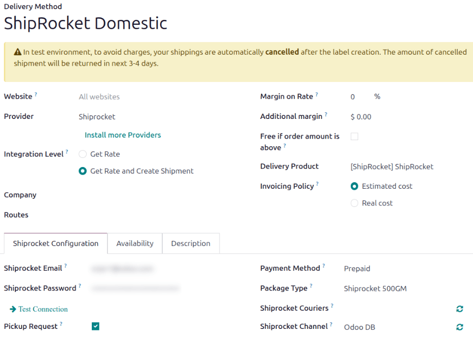 Complete the fields of the form to make the shipping method available.