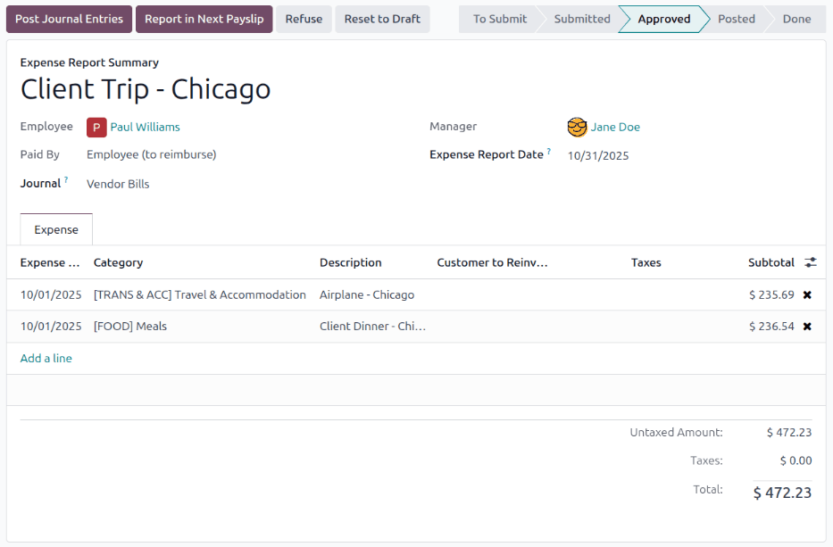 The Report in Next Payslip button, visible with an expense report status of Approved.