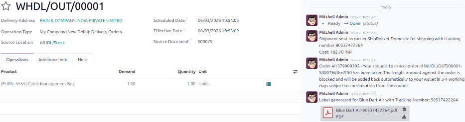 After the delivery is validated, a label is generated.