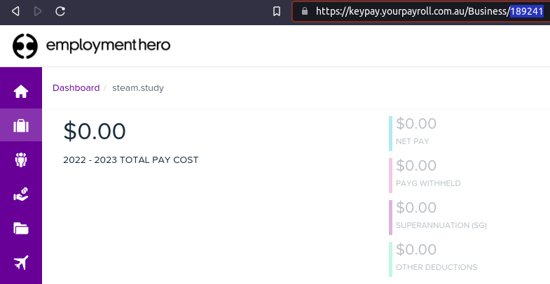 Finding the Employment Hero Business ID in the URL.