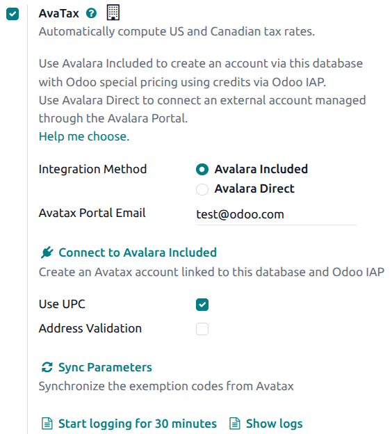 The AvaTax settings in Odoo's Accounting app.