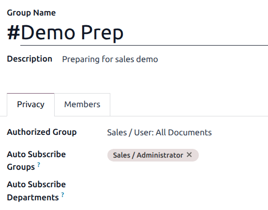 View of a channel's settings form in Odoo Discuss.