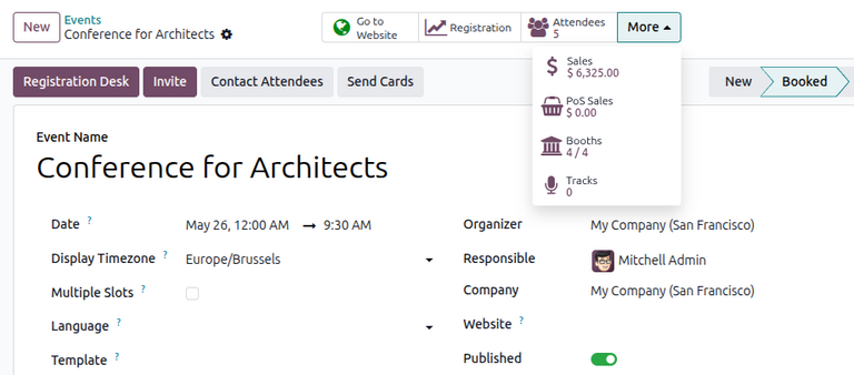 View of an event's form and the sales smart button in Odoo Events.