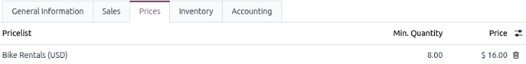 Sample of a rental product's Price tab.