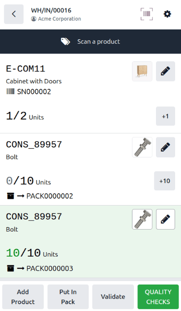 A warehouse order is partially processed when scanning a package.