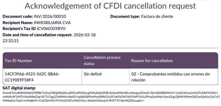 Cancellation acknowledgement example.