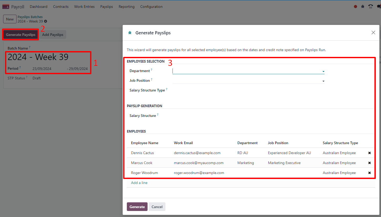 Steps to generate payslips.