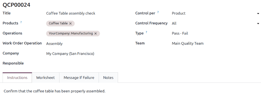 A QCP configured to create Pass - Fail checks for a work order operation.