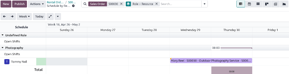 The Schedule by Resource page with a photographer shift in the Rental app.