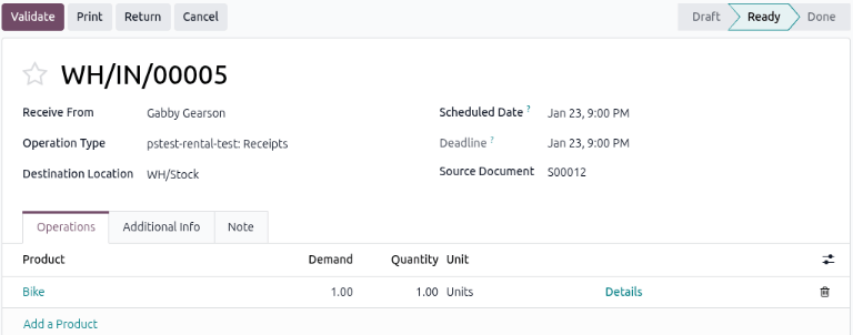 Sample of the Return page in the Rental app.