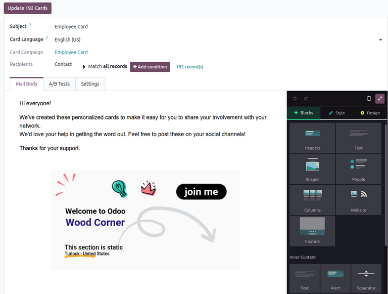 Send Cards window when sending mailing campaigns in Odoo Marketing Card.